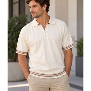 J. Ferrar Men's Large Cream Quarter Zip Polo Shirt 100% Cotton